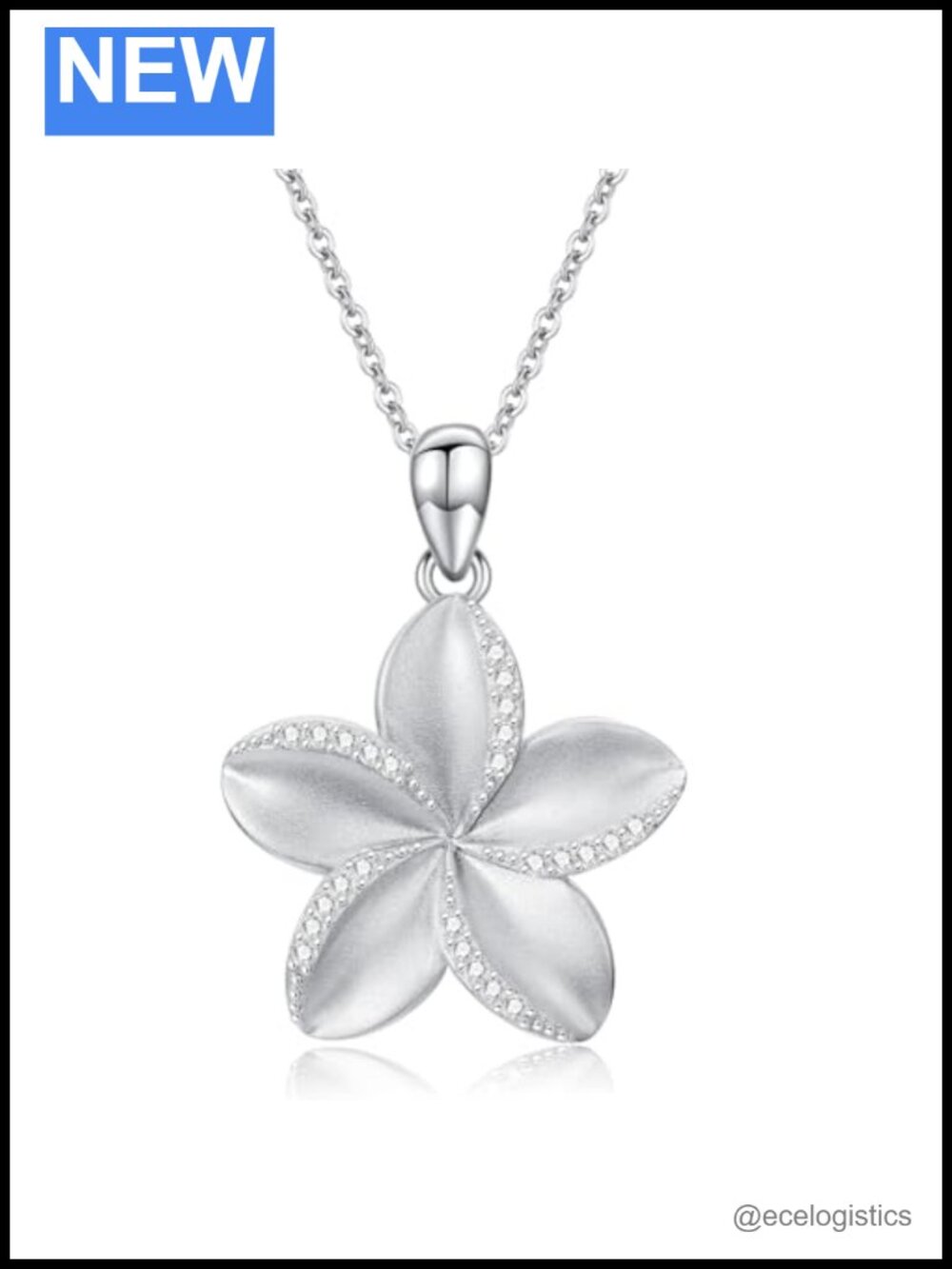 925 Sterling Silver Plumeria Pendant Necklace 18-20" Adjustable Zircon Flower
